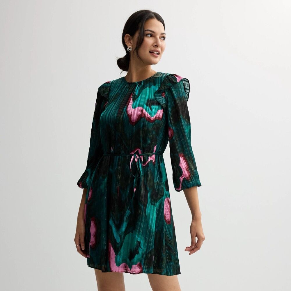 Nine West Mini Dress Green Petite XS Women's Floral Ruffle Sleeve Lurex NWT